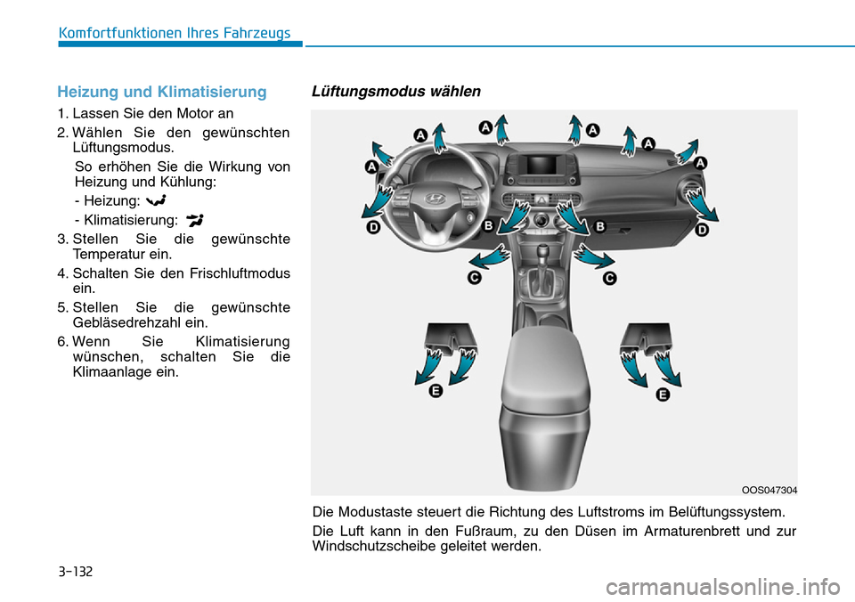 Hyundai Kona 2019  Betriebsanleitung (in German) 3-132
Komfortfunktionen Ihres Fahrzeugs
Heizung und Klimatisierung
1. Lassen Sie den Motor an
2. Wählen Sie den gewünschten
Lüftungsmodus.
So erhöhen Sie die Wirkung von
Heizung und Kühlung:
- He