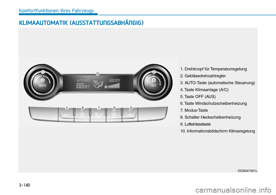 Hyundai Kona 2019  Betriebsanleitung (in German) 3-140
Komfortfunktionen Ihres Fahrzeugs
KLIMAAUTOMATIK (AUSSTATTUNGSABHÄNGIG)
OOS047301L
1. Drehknopf für Temperaturregelung
2. Gebläsedrehzahlregler
3. AUTO-Taste (automatische Steuerung)
4. Taste