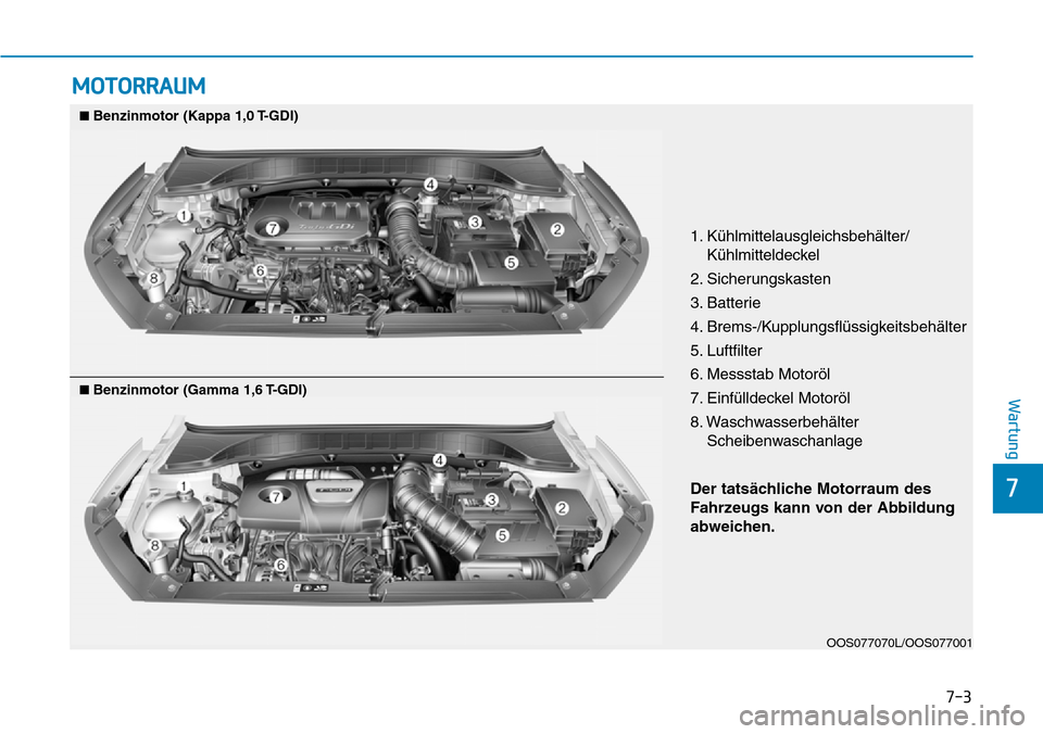 Hyundai Kona 2019  Betriebsanleitung (in German) 7-3
7
Wartung
MOTORRAUM
OOS077070L/OOS077001
1. Kühlmittelausgleichsbehälter/
Kühlmitteldeckel
2. Sicherungskasten
3. Batterie
4. Brems-/Kupplungsflüssigkeitsbehälter
5. Luftfilter
6. Messstab Mo