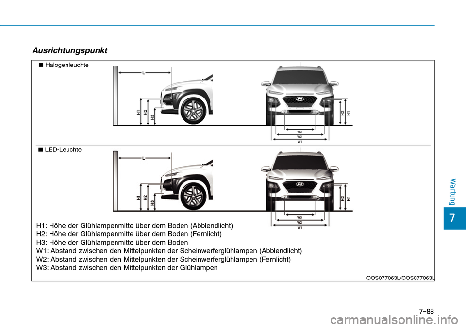 Hyundai Kona 2019  Betriebsanleitung (in German) 7-83
7
Wartung
Ausrichtungspunkt
■Halogenleuchte
■LED-Leuchte
H1: Höhe der Glühlampenmitte über dem Boden (Abblendlicht)
H2: Höhe der Glühlampenmitte über dem Boden (Fernlicht)
H3: Höhe der
