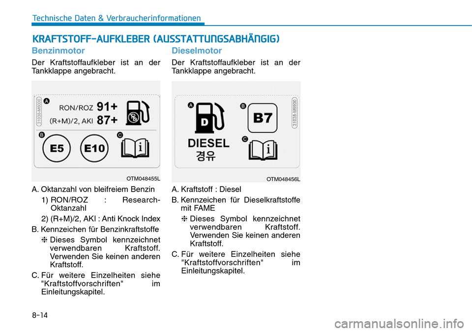 Hyundai Kona 2019  Betriebsanleitung (in German) Benzinmotor
Der Kraftstoffaufkleber ist an der
Tankklappe angebracht.
A. Oktanzahl von bleifreiem Benzin
1) RON/ROZ  : Research-
Oktanzahl
2) (R+M)/2, AKI : Anti Knock Index
B. Kennzeichen für Benzin