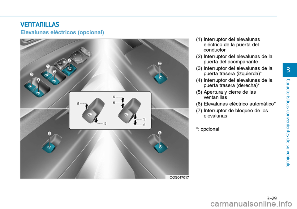 Hyundai Kona 2019  Manual del propietario (in Spanish) 3-29
Características convenientes de su vehículo
3
(1) Interruptor del elevalunas
eléctrico de la puerta del
conductor
(2) Interruptor del elevalunas de la
puerta del acompañante
(3) Interruptor d