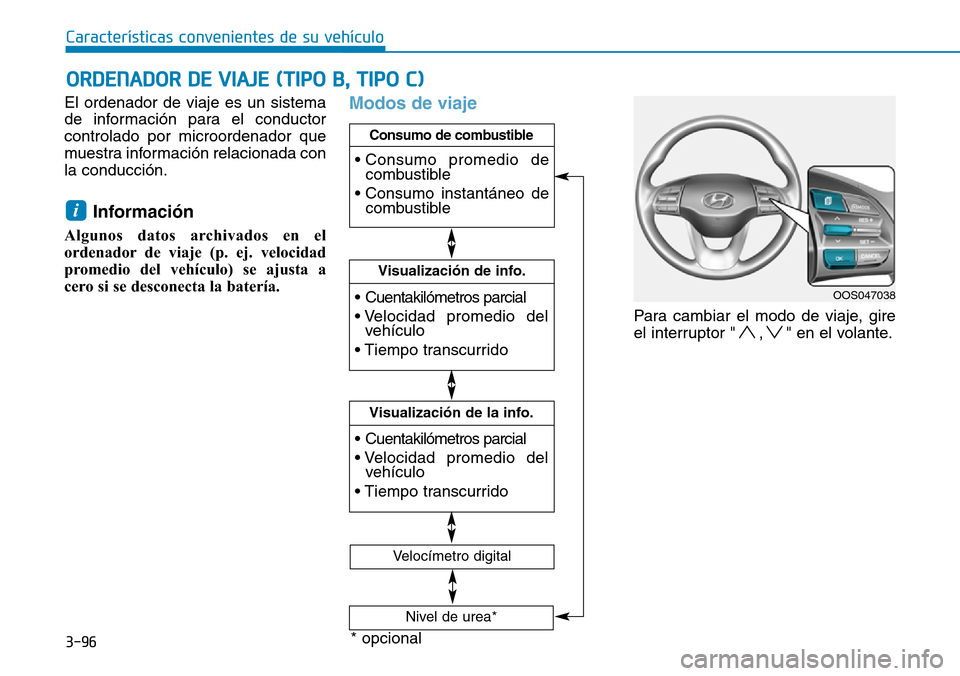 Hyundai Kona 2019  Manual del propietario (in Spanish) 3-96
Características convenientes de su vehículo
El ordenador de viaje es un sistema
de información para el conductor
controlado por microordenador que
muestra información relacionada con
la condu