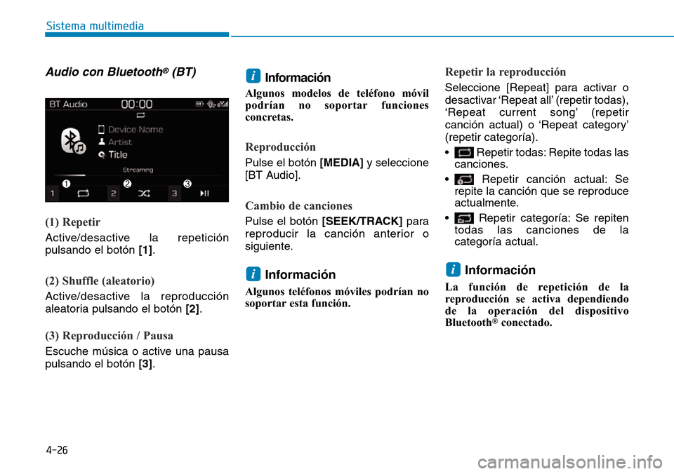 Hyundai Kona 2019  Manual del propietario (in Spanish) 4-26
Sistema multimedia
Audio con Bluetooth®(BT) 
(1) Repetir
Active/desactive la repetición
pulsando el botón [1].
(2) Shuffle (aleatorio)
Active/desactive la reproducción
aleatoria pulsando el b