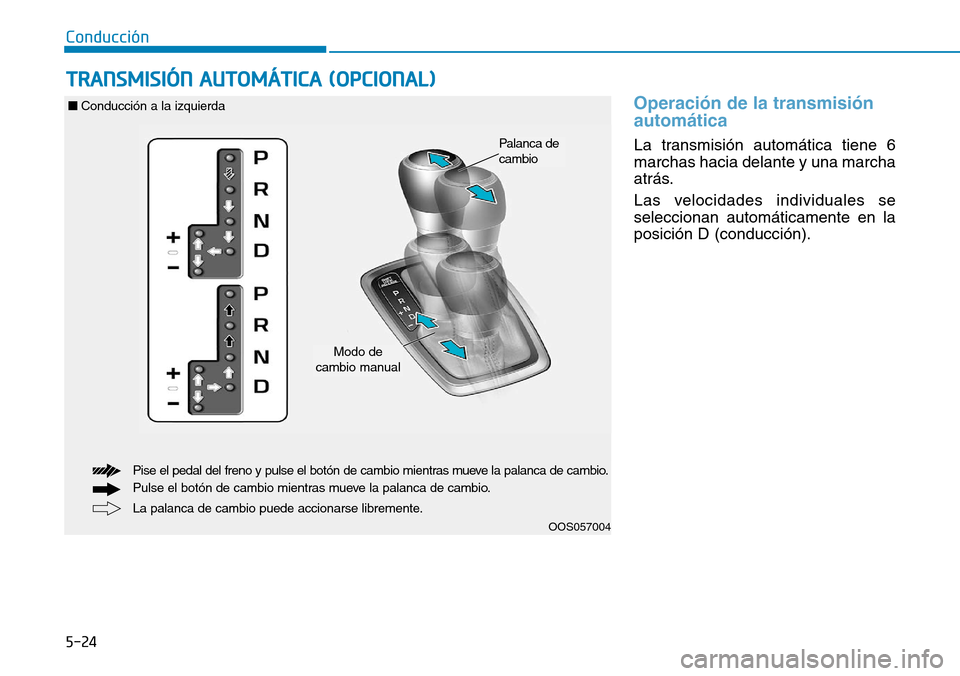 Hyundai Kona 2019  Manual del propietario (in Spanish) 5-24
Operación de la transmisión
automática
La transmisión automática tiene 6
marchas hacia delante y una marcha
atrás.
Las velocidades individuales se
seleccionan automáticamente en la
posici