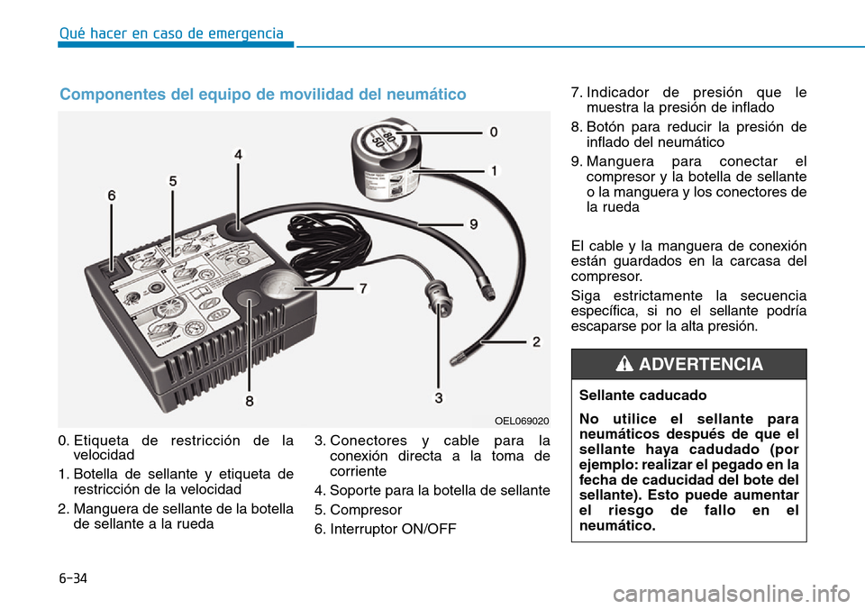 Hyundai Kona 2019 Manual del propietario (in Spanish) 6-34
Qué hacer en caso de emergencia
0. Etiqueta de restricción de la
velocidad
1. Botella de sellante y etiqueta de
restricción de la velocidad
2. Manguera de sellante de la botella
de sellante a Hyundai Kona 2019 Manual del propietario (in Spanish) 6-34
Qué hacer en caso de emergencia
0. Etiqueta de restricción de la
velocidad
1. Botella de sellante y etiqueta de
restricción de la velocidad
2. Manguera de sellante de la botella
de sellante a