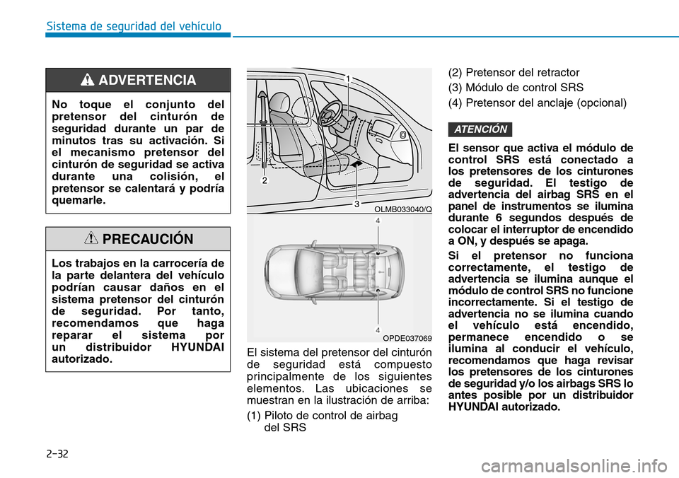 Hyundai Kona 2019 Manual del propietario (in Spanish) El sistema del pretensor del cinturón
de seguridad está compuesto
principalmente de los siguientes
elementos. Las ubicaciones se
muestran en la ilustración de arriba:
(1) Piloto de control de airba Hyundai Kona 2019 Manual del propietario (in Spanish) El sistema del pretensor del cinturón
de seguridad está compuesto
principalmente de los siguientes
elementos. Las ubicaciones se
muestran en la ilustración de arriba:
(1) Piloto de control de airba
