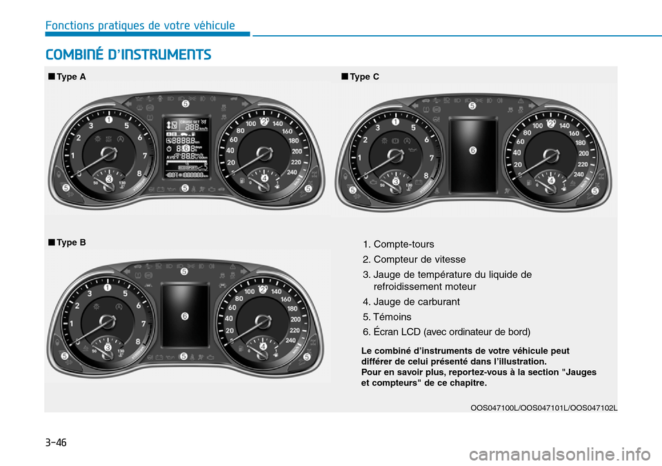 Hyundai Kona 2019  Manuel du propriétaire (in French) 3-46
Fonctions pratiques de votre véhicule 
COMBINÉ D’INSTRUMENTS
OOS047100L/OOS047101L/OOS047102L
■Type A■Type C
■Type B
Le combin