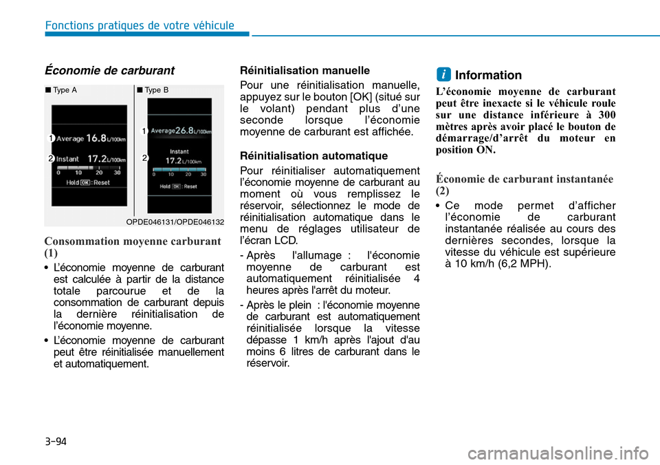 Hyundai Kona 2019 Manuel du propriétaire (in French) 3-94
Fonctions pratiques de votre véhicule
Économie de carburant
Consommation moyenne carburant
(1)
• L’économie moyenne de carburant
est calculée à partir de la distance
totale parcourue Hyundai Kona 2019 Manuel du propriétaire (in French) 3-94
Fonctions pratiques de votre véhicule
Économie de carburant
Consommation moyenne carburant
(1)
• L’économie moyenne de carburant
est calculée à partir de la distance
totale parcourue