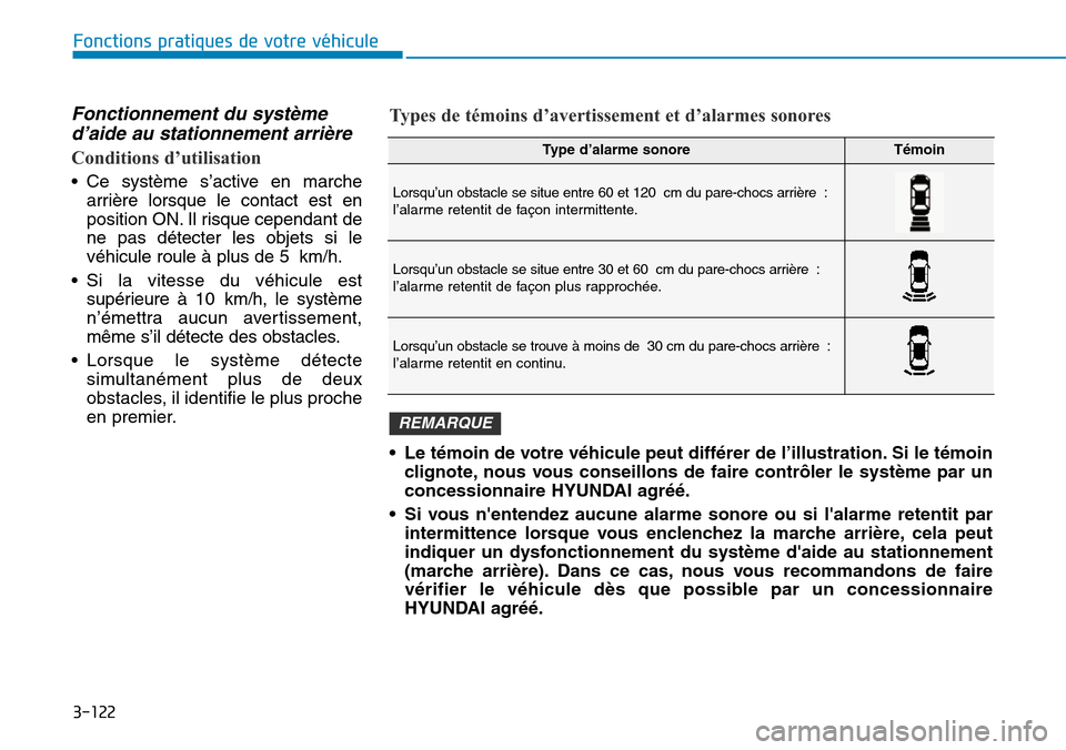 Hyundai Kona 2019  Manuel du propriétaire (in French) 3-122
Fonctions pratiques de votre véhicule
Fonctionnement du système
d’aide au stationnement arrière
Conditions d’utilisation
• Ce système s’active en marche
arrière lorsque le contact e