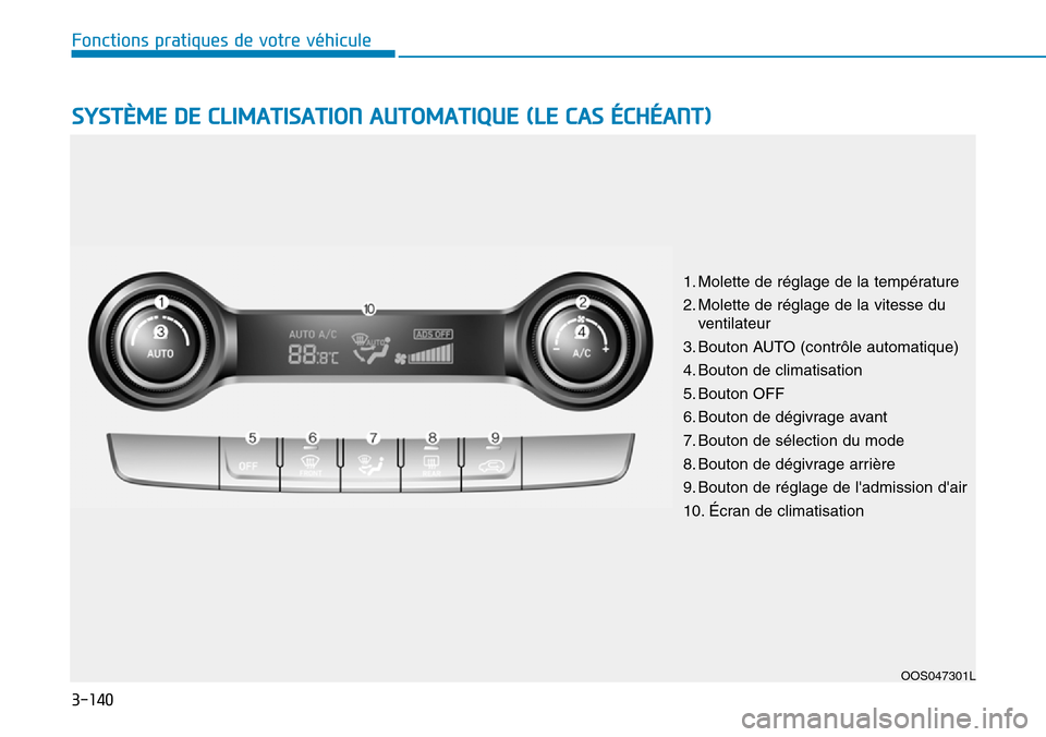 Hyundai Kona 2019  Manuel du propriétaire (in French) 3-140
Fonctions pratiques de votre véhicule
SYSTÈME DE CLIMATISATION AUTOMATIQUE (LE CAS ÉCHÉANT)
OOS047301L
1. Molette de réglage de la température
2. Molette de réglage de la vitesse du
venti