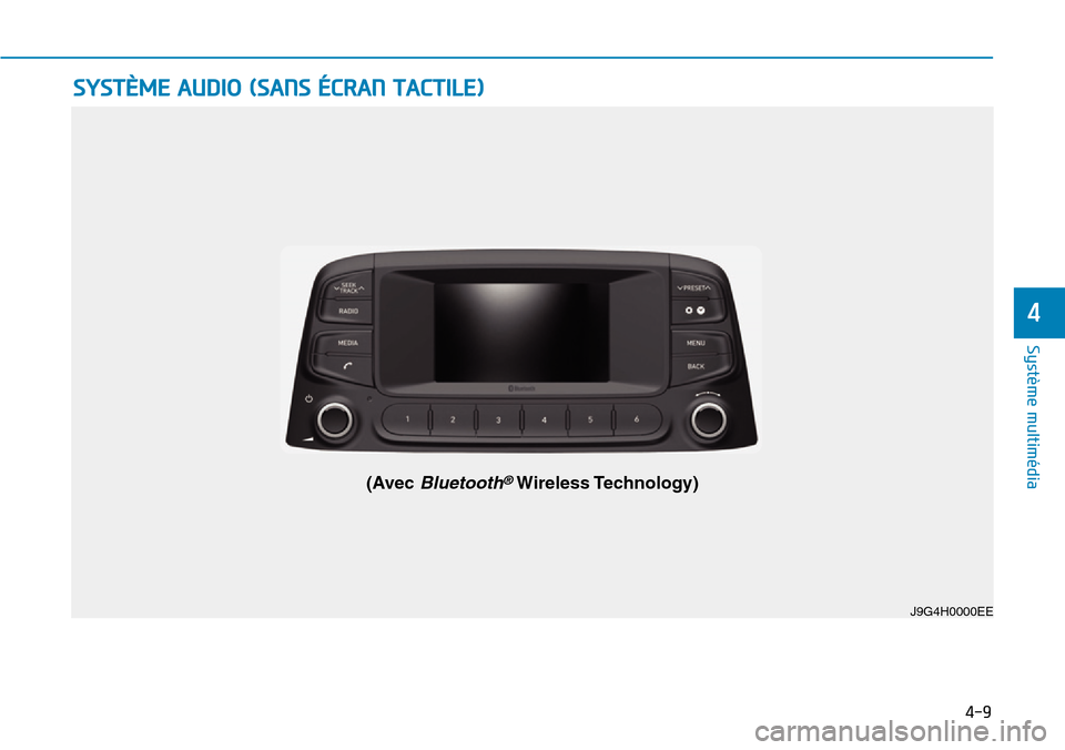 Hyundai Kona 2019  Manuel du propriétaire (in French) 4-9
Système multimédia 
4
J9G4H0000EE
(Avec Bluetooth®Wireless Technology)
SYSTÈME AUDIO (SANS ÉCRAN TACTILE) 