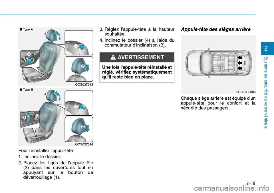 Hyundai Kona 2019  Manuel du propriétaire (in French) 2-19
Système de sécurité de votre véhicule 
2
Pour réinstaller lappui-tête :
1. Inclinez le dossier.
2. Placez les tiges de lappuie-tête
(2) dans les ouvertures tout en
appuyant sur le bouton