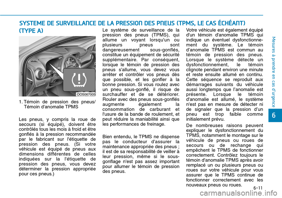 Hyundai Kona 2019 Manuel du propriétaire (in French) 6-11
Mesures à prendre en cas durgence (TYPE A)
1. Témoin de pression des pneus/
Témoin danomalie TPMS
Les pneus, y compris la roue de
secours (si équipé), doivent être
contrôlés tous les mo Hyundai Kona 2019 Manuel du propriétaire (in French) 6-11
Mesures à prendre en cas durgence (TYPE A)
1. Témoin de pression des pneus/
Témoin danomalie TPMS
Les pneus, y compris la roue de
secours (si équipé), doivent être
contrôlés tous les mo