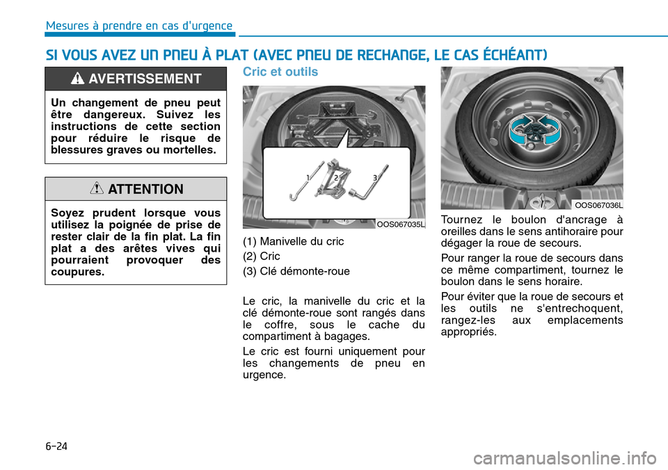 Hyundai Kona 2019  Manuel du propriétaire (in French) 6-24
Mesures à prendre en cas durgence 
Cric et outils 
(1) Manivelle du cric
(2) Cric
(3) Clé démonte-roue
Le cric, la manivelle du cric et la 
clé démonte-roue sont rangés dans
le coffre, sou