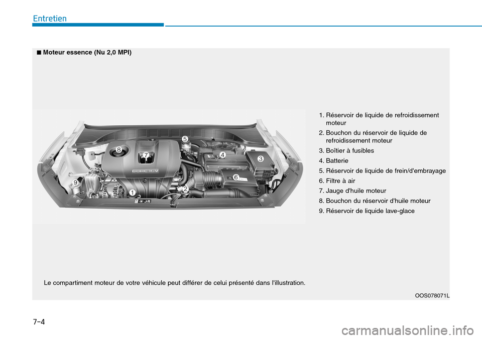Hyundai Kona 2019  Manuel du propriétaire (in French) 7-4
Entretien
1. Réservoir de liquide de refroidissement
moteur 
2. Bouchon du réservoir de liquide de
refroidissement moteur
3. Boîtier à fusibles 
4. Batterie
5. Réservoir de liquide de frein/d