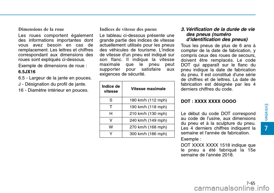 Hyundai Kona 2019  Manuel du propriétaire (in French) 7-65
7
Entretien
Dimensions de la roue
Les roues comportent également
des informations importantes dont
vous avez besoin en cas de
remplacement. Les lettres et chiffres
correspondant aux dimensions d