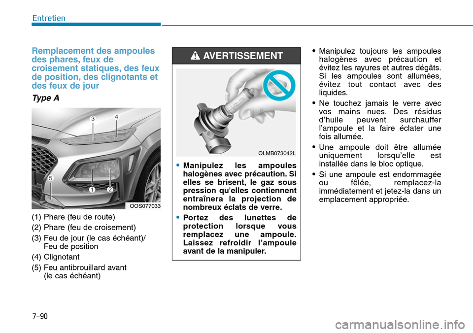 Hyundai Kona 2019  Manuel du propriétaire (in French) 7-90
Entretien
Remplacement des ampoules
des phares, feux de
croisement statiques, des feux
de position, des clignotants et
des feux de jour
Type A
(1) Phare (feu de route)
(2) Phare (feu de croisemen