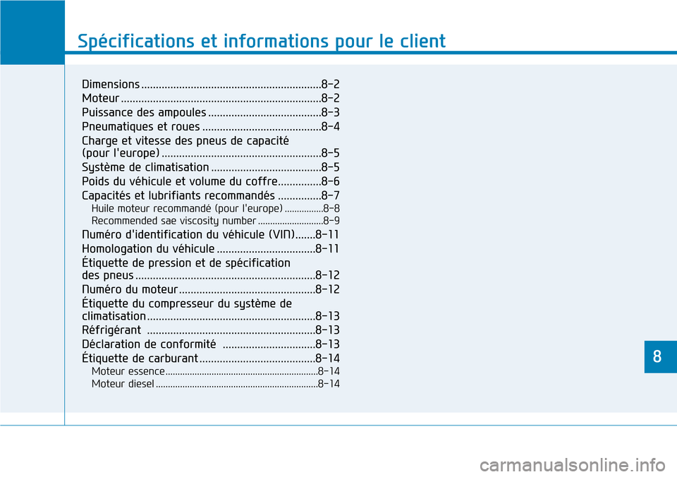 Hyundai Kona 2019  Manuel du propriétaire (in French) 8
Spécifications et informations pour le client
8
Spécifications et informations pour le client
8
Dimensions ..............................................................8-2
Moteur ................