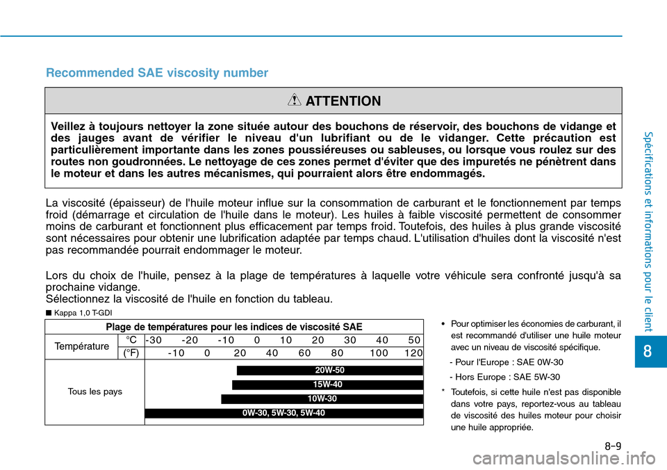 Hyundai Kona 2019  Manuel du propriétaire (in French) 8-9
8
Spécifications et informations pour le clientVeillez à toujours nettoyer la zone située autour des bouchons de réservoir, des bouchons de vidange et
des jauges avant de vérifier le niveau d