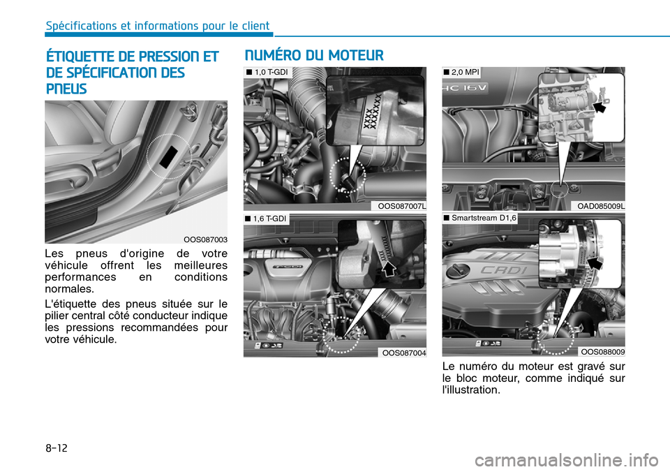 Hyundai Kona 2019  Manuel du propriétaire (in French) 8-12
Spécifications et informations pour le client
Les pneus dorigine de votre
véhicule offrent les meilleures
performances en conditions
normales.
Létiquette des pneus située sur le
pilier cent