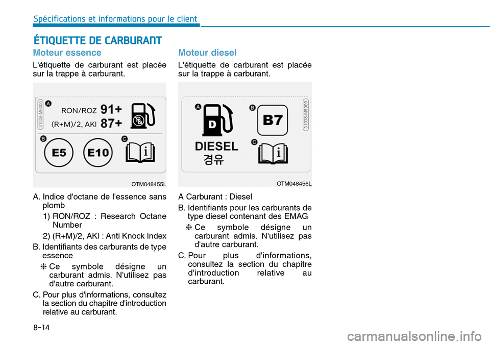 Hyundai Kona 2019  Manuel du propriétaire (in French) Moteur essence
Létiquette de carburant est placée
sur la trappe à carburant.
A. Indice doctane de lessence sans
plomb
1) RON/ROZ  : Research  Octane
Number
2) (R+M)/2, AKI : Anti Knock Index
B. 