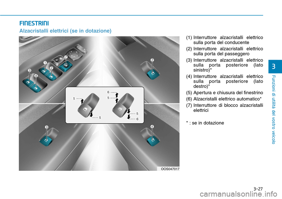 Hyundai Kona 2019  Manuale del proprietario (in Italian) 3-27
Funzioni di utilità del vostro veicolo
3
(1) Interruttore alzacristalli elettrico
sulla porta del conducente
(2) Interruttore alzacristalli elettrico
sulla porta del passeggero
(3) Interruttore 