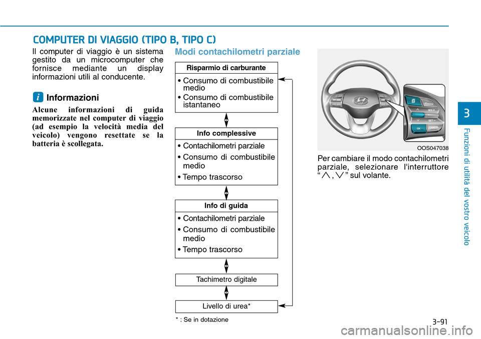 Hyundai Kona 2019  Manuale del proprietario (in Italian) 3-91
Funzioni di utilità del vostro veicolo
Il computer di viaggio è un sistema
gestito da un microcomputer che
fornisce mediante un display
informazioni utili al conducente.
Informazioni 
Alcune in