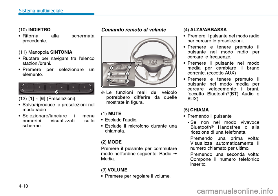 Hyundai Kona 2019 Manuale del proprietario (in Italian) 4-10
Sistema multimediale
(10) INDIETRO
• Ritorna alla schermata
precedente.
(11) Manopola SINTONIA
• Ruotare per navigare tra lelenco
stazioni/brani.
• Premere per selezionare un
elemento.
(12 Hyundai Kona 2019 Manuale del proprietario (in Italian) 4-10
Sistema multimediale
(10) INDIETRO
• Ritorna alla schermata
precedente.
(11) Manopola SINTONIA
• Ruotare per navigare tra lelenco
stazioni/brani.
• Premere per selezionare un
elemento.
(12