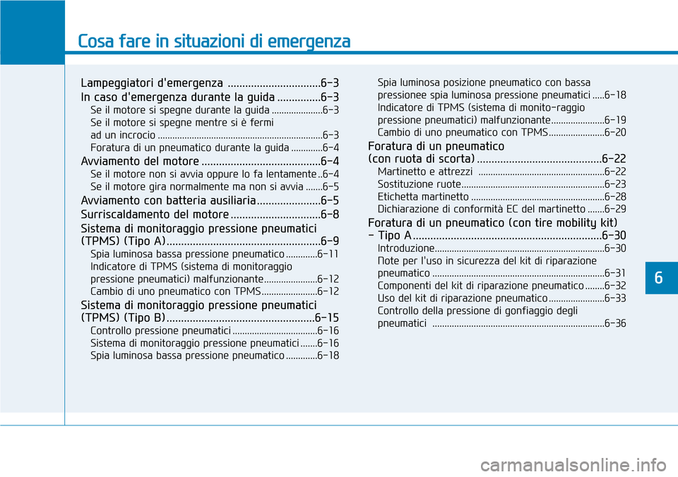 Hyundai Kona 2019 Manuale del proprietario (in Italian) Cosa fare in situazioni di emergenza
Lampeggiatori demergenza ................................6-3
In caso demergenza durante la guida ...............6-3
Se il motore si spegne durante la guida .... Hyundai Kona 2019 Manuale del proprietario (in Italian) Cosa fare in situazioni di emergenza
Lampeggiatori demergenza ................................6-3
In caso demergenza durante la guida ...............6-3
Se il motore si spegne durante la guida ....