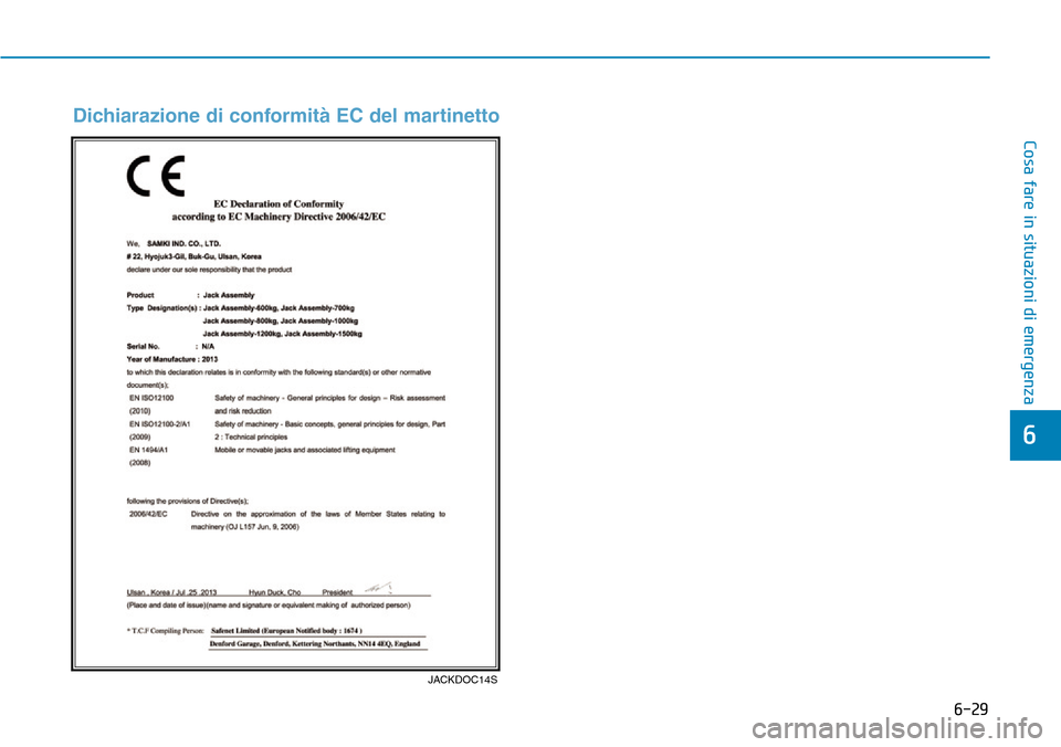 Hyundai Kona 2019  Manuale del proprietario (in Italian) 6-29
Cosa fare in situazioni di emergenza
6
Dichiarazione di conformità EC del martinetto
JACKDOC14S 