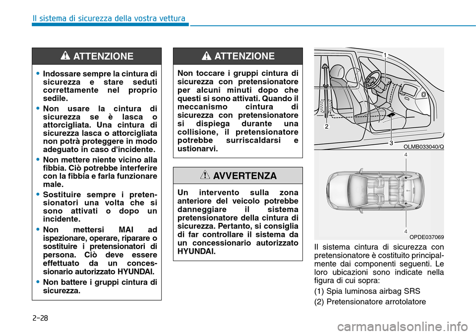 Hyundai Kona 2019  Manuale del proprietario (in Italian) 2-28
Il sistema di sicurezza della vostra vettura
Il sistema cintura di sicurezza con
pretensionatore è costituito principal-
mente dai componenti seguenti. Le
loro ubicazioni sono indicate nella
fig