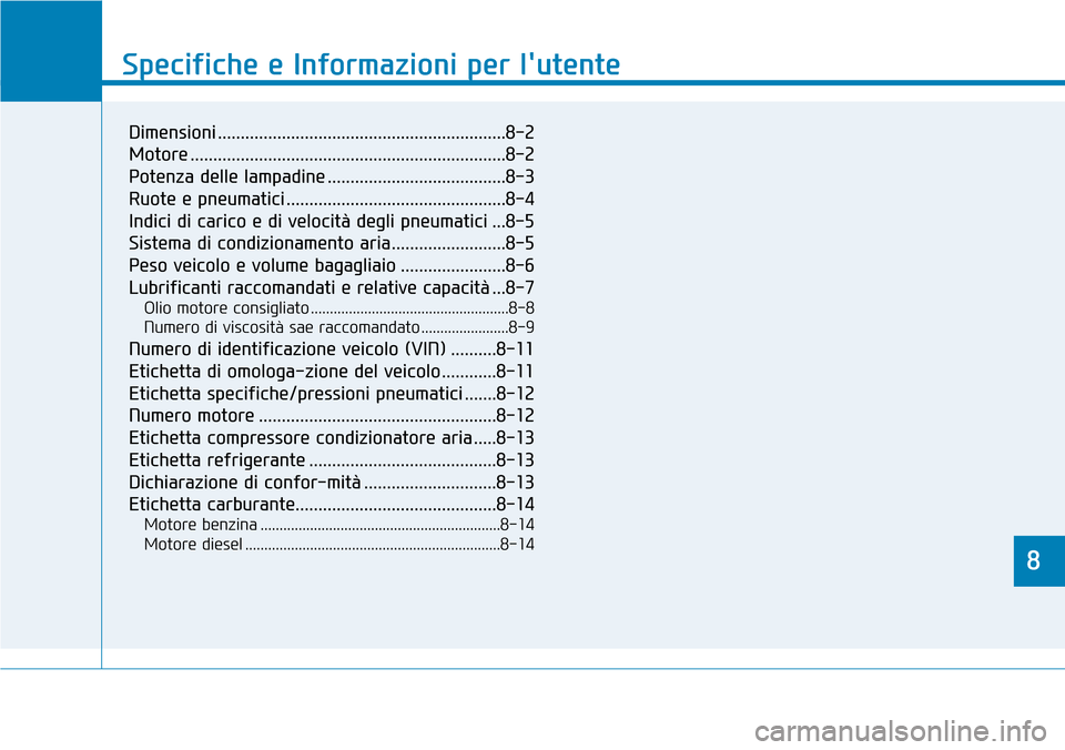 Hyundai Kona 2019 Manuale del proprietario (in Italian) 8
Specifiche e Informazioni per lutente
8
Specifiche e Informazioni per lutente
8
Dimensioni ...............................................................8-2
Motore ............................... Hyundai Kona 2019 Manuale del proprietario (in Italian) 8
Specifiche e Informazioni per lutente
8
Specifiche e Informazioni per lutente
8
Dimensioni ...............................................................8-2
Motore ...............................