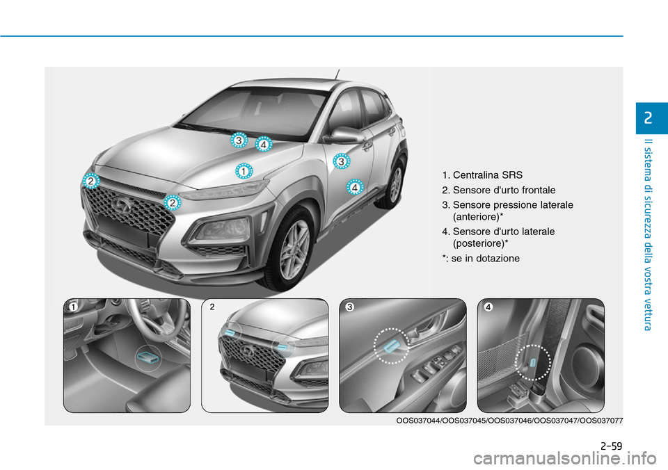 Hyundai Kona 2019  Manuale del proprietario (in Italian) 2-59
Il sistema di sicurezza della vostra vettura
2
1. Centralina SRS
2. Sensore durto frontale
3. Sensore pressione laterale
(anteriore)*
4. Sensore durto laterale 
(posteriore)*
*: se in dotazione