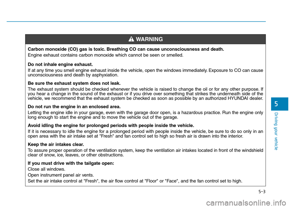 Hyundai Kona 2018  Owners Manual 5-3
Driving your vehicle
5
Carbon monoxide (CO) gas is toxic. Breathing CO can cause unconsciousness and death. 
Engine exhaust contains carbon monoxide which cannot be seen or smelled. 
Do not inhale