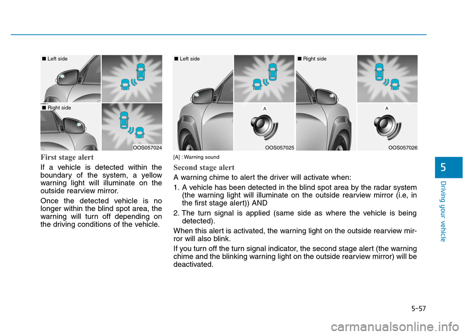 Hyundai Kona 2018  Owners Manual 5-57
Driving your vehicle
5
First stage alert
If a vehicle is detected within the 
boundary of the system, a yellow
warning light will illuminate on the
outside rearview mirror. 
Once the detected veh