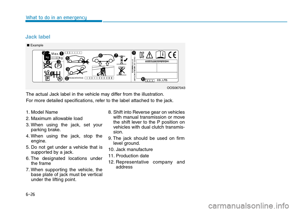 Hyundai Kona 2018  Owners Manual 6-26
What to do in an emergency
Jack label
■Example
OOS067043
1. Model Name 
2. Maximum allowable load
3. When using the jack, set your parking brake.
4. When using the jack, stop the engine.
5. Do 