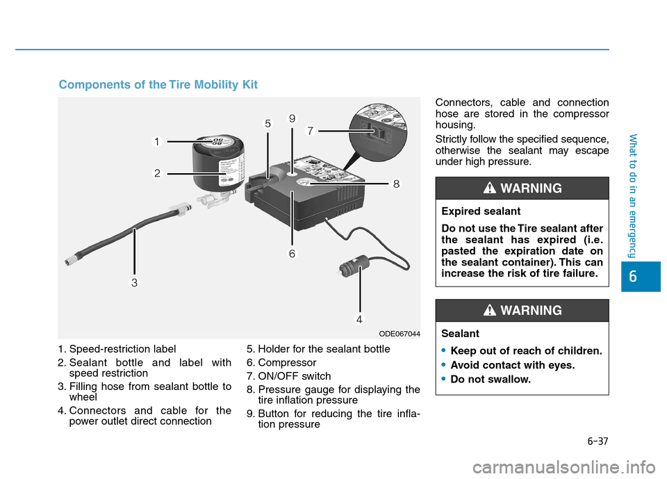 Hyundai Kona 2018  Owners Manual 6-37
What to do in an emergency
6
1. Speed-restriction label 
2. Sealant bottle and label withspeed restriction
3. Filling hose from sealant bottle to wheel
4. Connectors and cable for the power outle