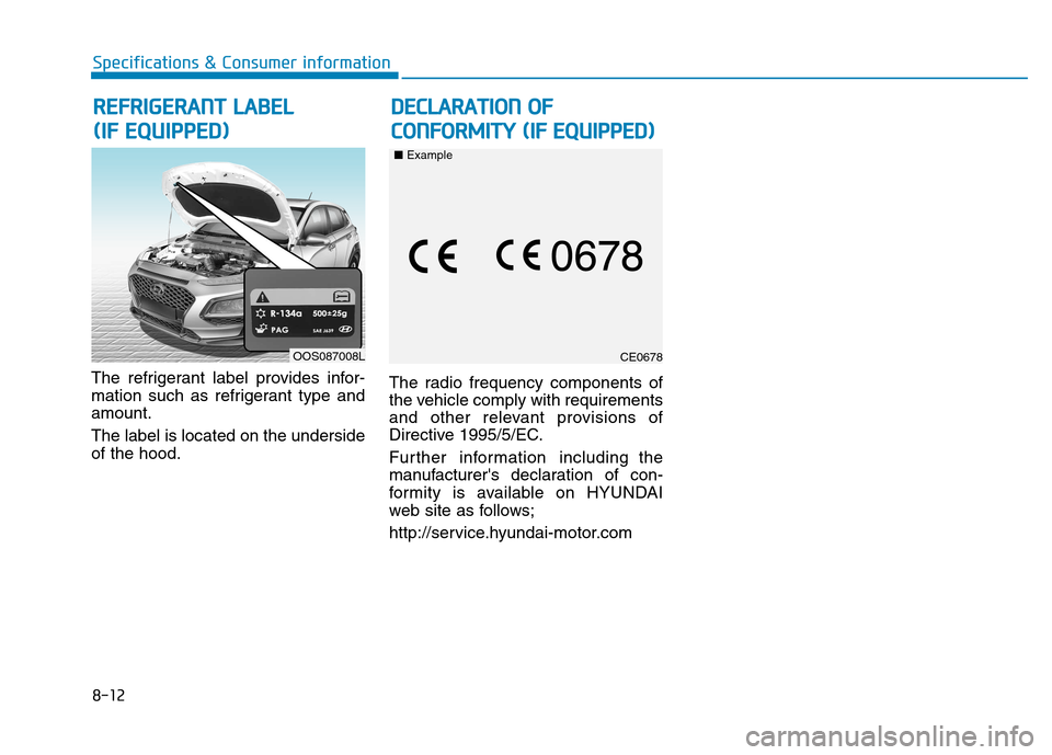 Hyundai Kona 2018  Owners Manual 8-12
Specifications & Consumer information
The refrigerant label provides infor- 
mation such as refrigerant type andamount. The label is located on the underside of the hood.The radio frequency compo