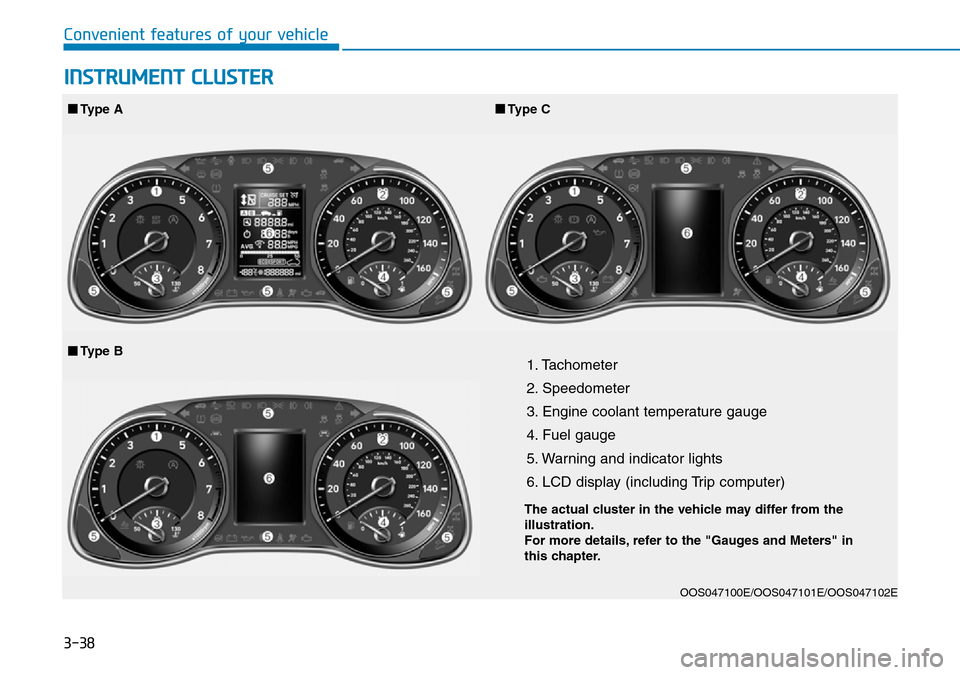 Hyundai Kona 2018  Owners Manual - RHD (UK, Australia) 3-38
Convenient features of your vehicle
1. Tachometer 
2. Speedometer
3. Engine coolant temperature gauge
4. Fuel gauge
5. Warning and indicator lights
6. LCD display (including Trip computer)
OOS047