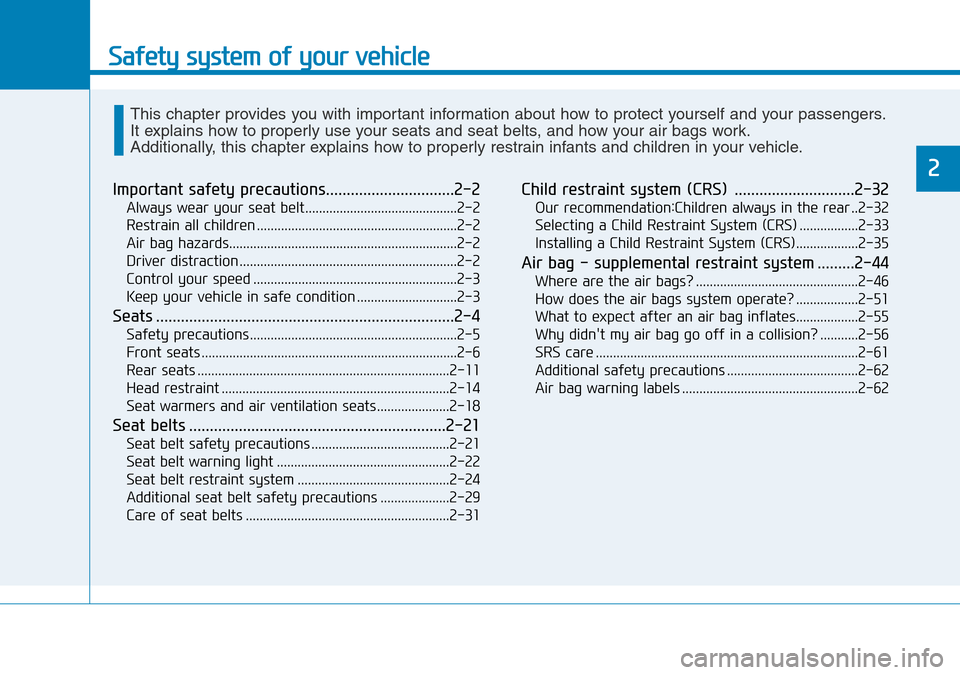 Hyundai Kona 2018  Owners Manual - RHD (UK, Australia) Safety system of your vehicle
2
Important safety precautions...............................2-2
Always wear your seat belt............................................2-2
Restrain all children .........