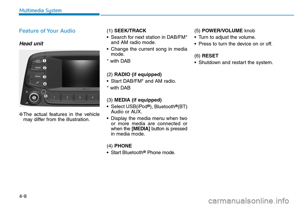 Hyundai Kona 2018  Owners Manual - RHD (UK, Australia) 4-8
Multimedia System
Feature of Your Audio
Head unit
❈The actual features in the vehicle
may differ from the illustration. (1) 
SEEK/TRACK
• Search for next station in DAB/FM* and AM radio mode.
