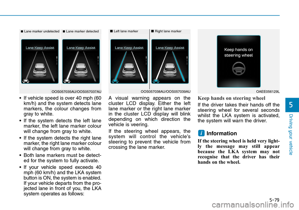 Hyundai Kona 2018  Owners Manual - RHD (UK, Australia) 5-79
Driving your vehicle
5
• If vehicle speed is over 40 mph (60km/h) and the system detects lane
markers, the colour changes from
gray to white.
• If the system detects the left lane marker, the