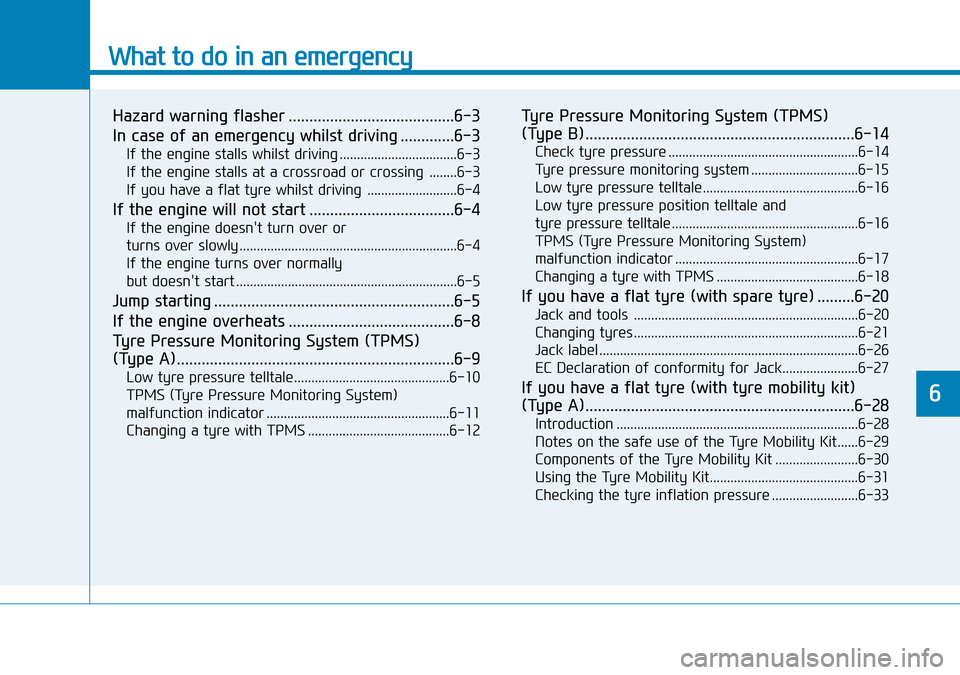 Hyundai Kona 2018  Owners Manual - RHD (UK, Australia) What to do in an emergency
Hazard warning flasher ........................................6-3
In case of an emergency whilst driving .............6-3
If the engine stalls whilst driving ..............