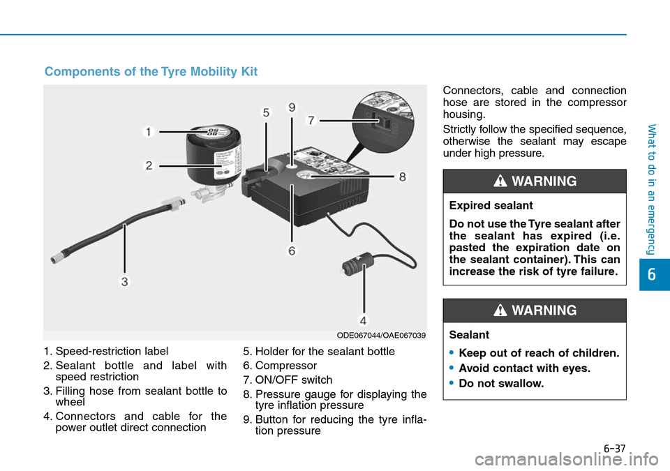 Hyundai Kona 2018  Owners Manual - RHD (UK, Australia) 6-37
What to do in an emergency
6
1. Speed-restriction label
2. Sealant bottle and label withspeed restriction
3. Filling hose from sealant bottle to wheel
4. Connectors and cable for the power outlet