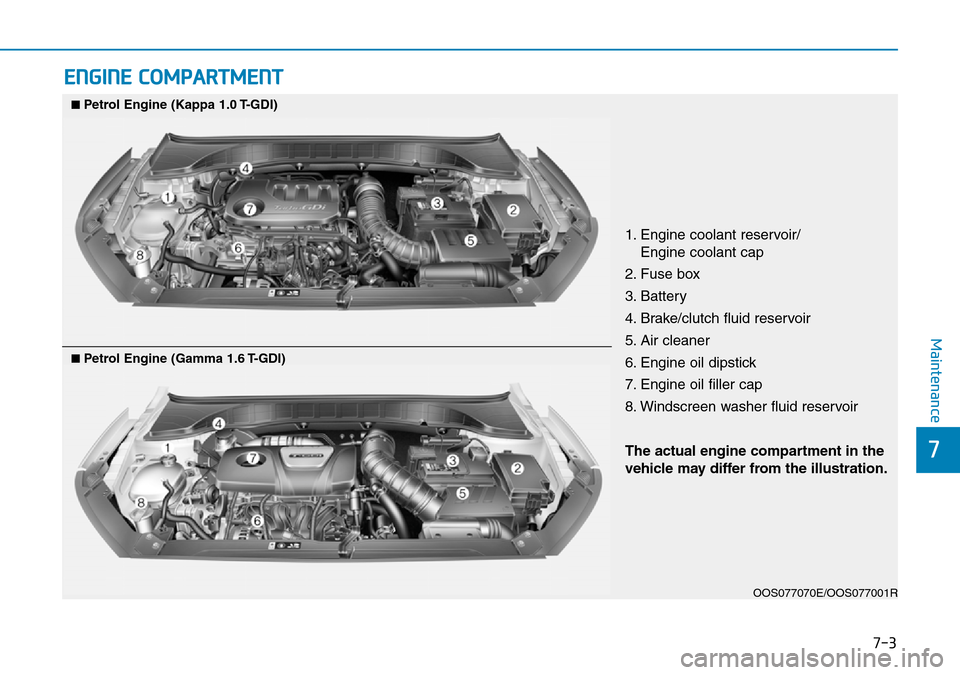 Hyundai Kona 2018  Owners Manual - RHD (UK, Australia) 7-3
7
Maintenance
ENGINE COMPARTMENT
1. Engine coolant reservoir/Engine coolant cap
2. Fuse box
3. Battery
4. Brake/clutch fluid reservoir
5. Air cleaner
6. Engine oil dipstick
7. Engine oil filler ca