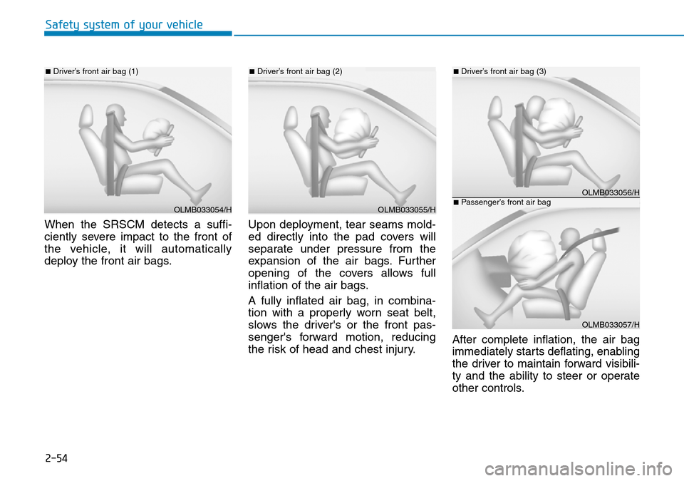 Hyundai Kona 2018  Owners Manual - RHD (UK, Australia) 2-54
Safety system of your vehicle
When the SRSCM detects a suffi-
ciently severe impact to the front of
the vehicle, it will automatically
deploy the front air bags. Upon deployment, tear seams mold-