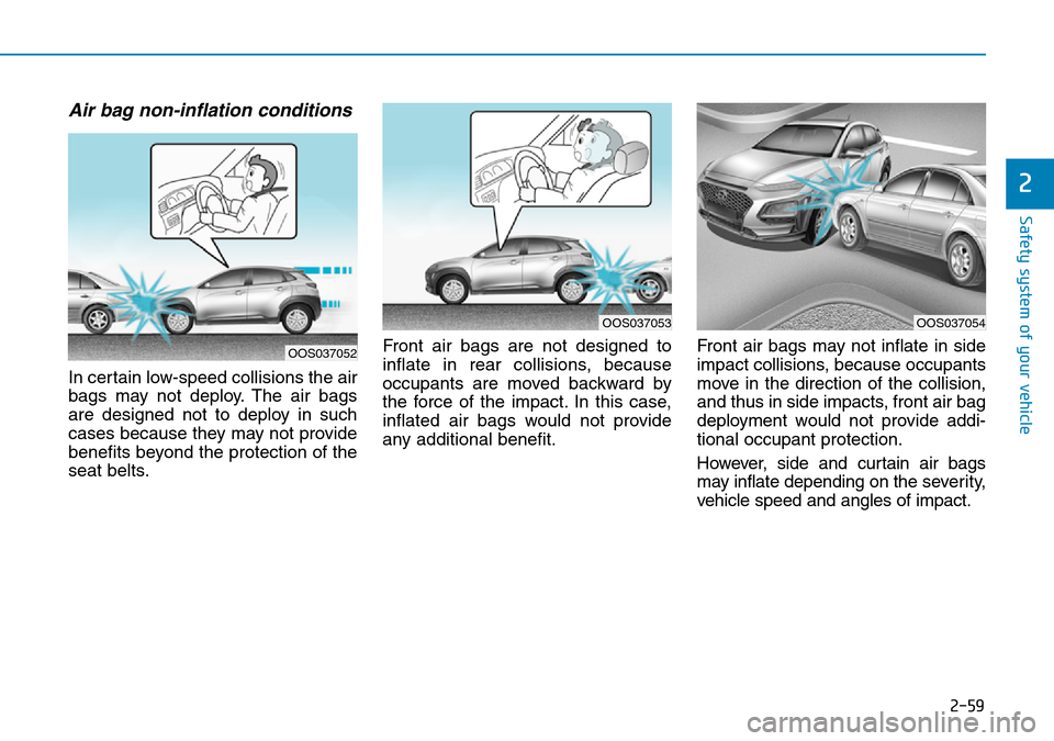 Hyundai Kona 2018  Owners Manual - RHD (UK, Australia) 2-59
Safety system of your vehicle
2
Air bag non-inflation conditions 
In certain low-speed collisions the air
bags may not deploy. The air bags
are designed not to deploy in such
cases because they m