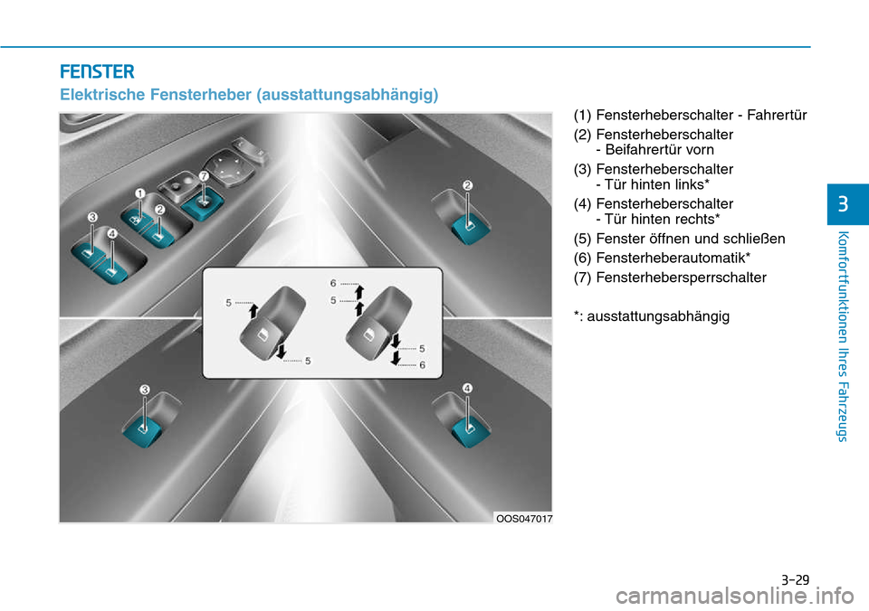 Hyundai Kona 2018  Betriebsanleitung (in German) 3-29
Komfortfunktionen Ihres Fahrzeugs
3
(1) Fensterheberschalter - Fahrert