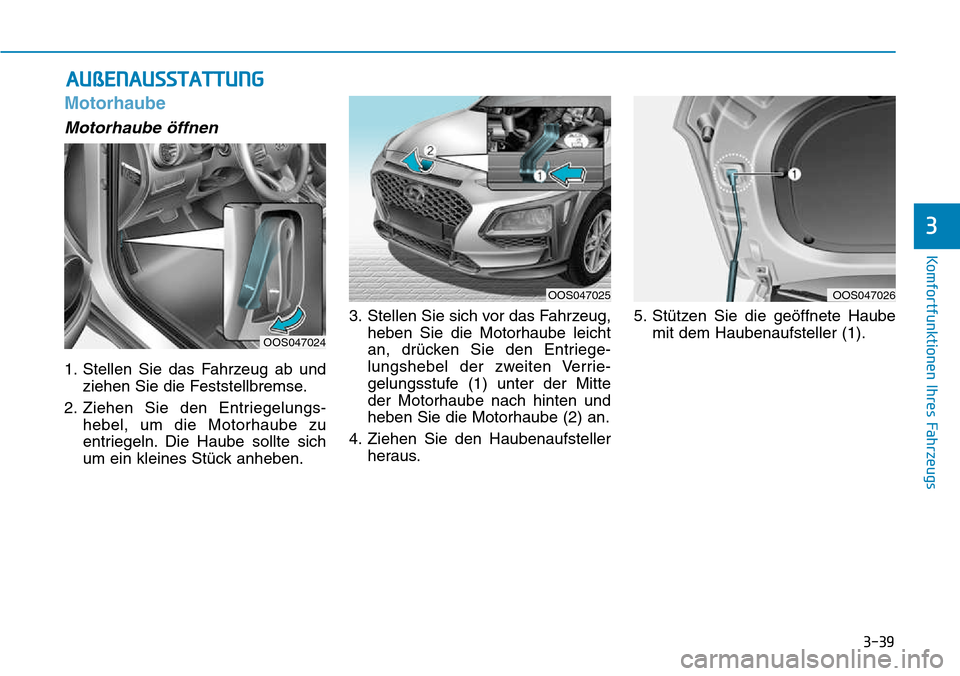 Hyundai Kona 2018  Betriebsanleitung (in German) 3-39
Komfortfunktionen Ihres Fahrzeugs
3
AUßENAUSSTATTUNG
Motorhaube
Motorhaube 